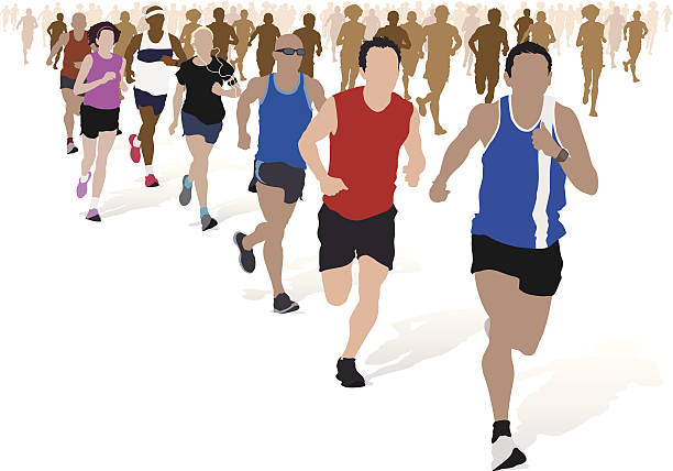 gruppe von marathon-läufer. - langstreckenlauf stock-grafiken, -clipart, -cartoons und -symbole