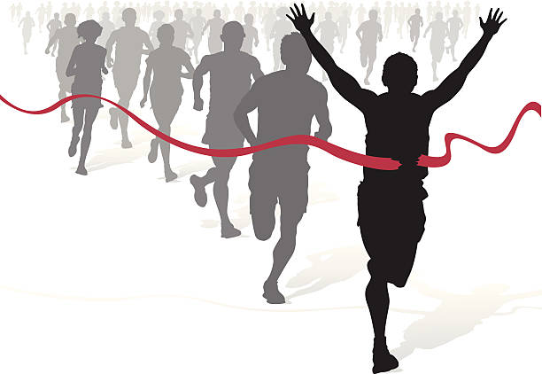 ilustraciones, imágenes clip art, dibujos animados e iconos de stock de atleta galardonado por delante de otros maratón corredores. - focus on shadow shadow women silhouette