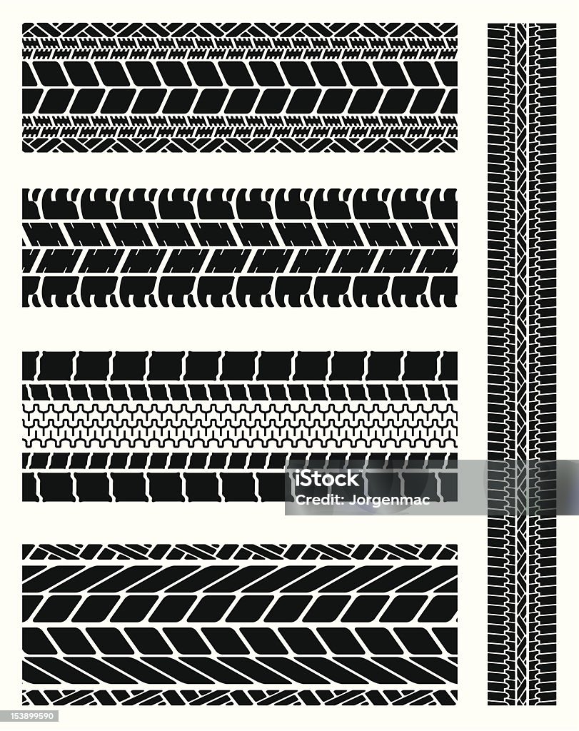 Collection of tyre tracks A collection of various motor car tyre tracks. Black And White stock vector