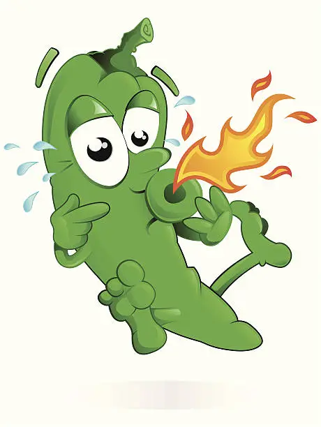 Vector illustration of Jumping Green Pepper with his Mouth on Fire