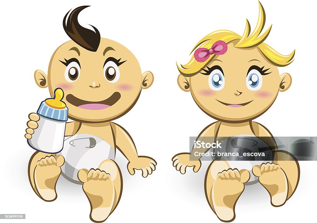 Cartoon illustration of baby boy and girl Small Baby Boys And Baby Girl Smiling And Holding A Baby Bottle Couple - Relationship stock vector