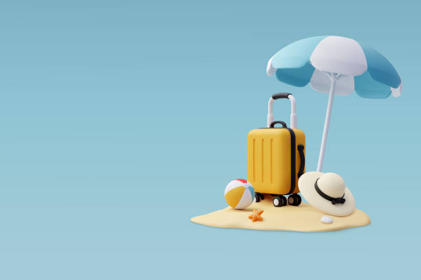 ilustrações, clipart, desenhos animados e ícones de bagagem vetorial 3d, guarda-chuva azul e bola, férias de verão, conceito de tempo para viajar. - beach suitcase vacations summer