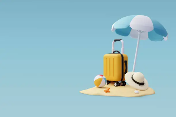 Vector illustration of 3d Vector luggage, Blue Umbrella and Ball, Summer holiday, Time to travel concept.