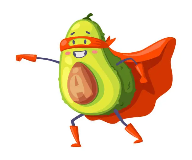 Vector illustration of Green Avocado Superhero Character in Red Cloak with Outsretched Arm Rushing to Rescue as Justice Fighter Vector Illustration