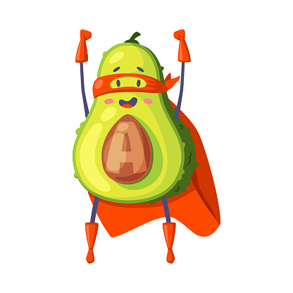 Green Avocado Superhero Character Standing Wearing Red Cloak or Cape and Mask as Justice Fighter Vector Illustration. Strong and Brave Alligator Pear Vigilante