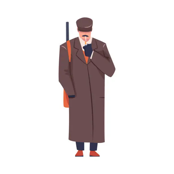 Vector illustration of Man Bandit or Gangster of Old London Wearing Overcoat and Peaked Flat Cap Vector Illustration