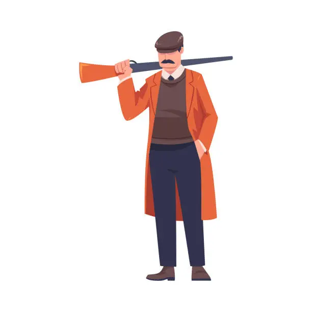Vector illustration of Man Bandit or Gangster of Old London Wearing Overcoat and Peaked Flat Cap Vector Illustration