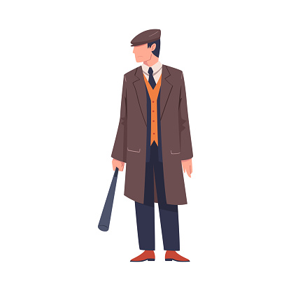 Man Bandit or Gangster of Old London Wearing Overcoat and Peaked Flat Cap Vector Illustration. Male Street Gang Member and Criminal with Bat