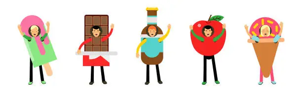 Vector illustration of People Character Wearing Food Costumes Standing and Waving Hand Vector Illustration Set