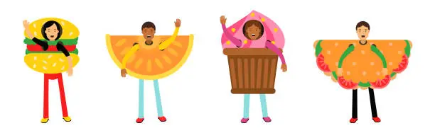 Vector illustration of People Character Wearing Food Costumes Standing and Waving Hand Vector Illustration Set