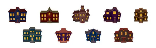 Vector illustration of Gloomy Halloween Houses with Scary Shiny Yellow Windows Vector Set