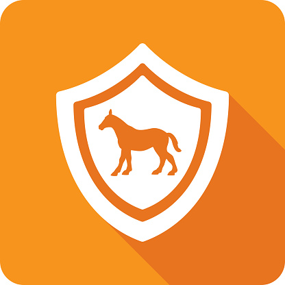 Vector illustration of a shield with horse icon against an orange background in flat style.