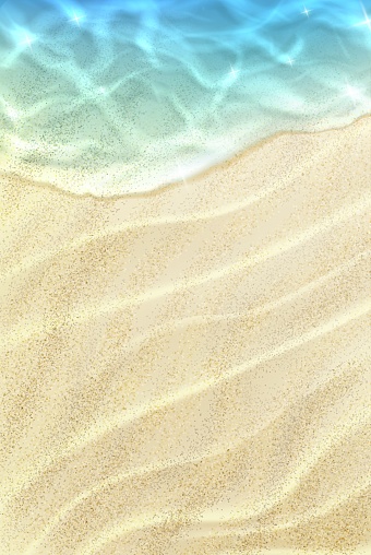 Realistic summer beach seaside, top view background. Summer vacation on tropical island or resort realistic vector background or wallpaper with beach white sand and ocean blue water foamy wave