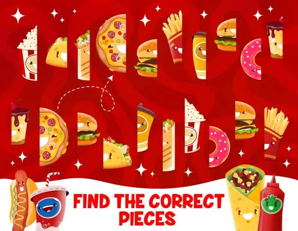 Vector illustration of Find correct pieces of cartoon takeaway fast food