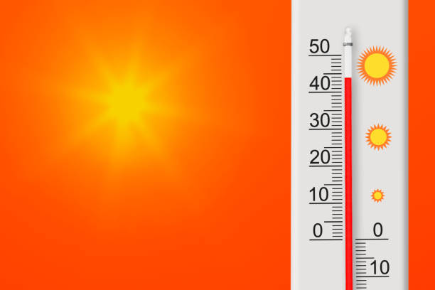 istock Celsius scale thermometer shows plus 44 degrees . Yellow sun in red sky. Summer heat 1539046485