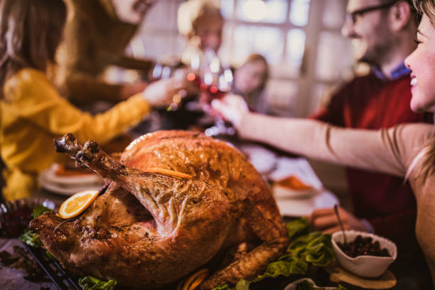 istock Close up of Thanksgiving turkey on dining table. 1539058019