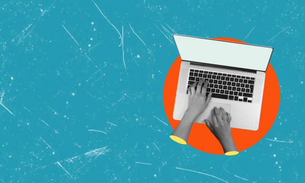 istock Contemporary art collage. Male hands typing on a laptop, working with financial analytics, growing virtual money. 1539059567