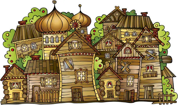 Vector illustration of wooden village
