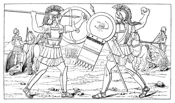 ilustraciones, imágenes clip art, dibujos animados e iconos de stock de dos combatientes griegos totalmente armados - roman classical greek history past