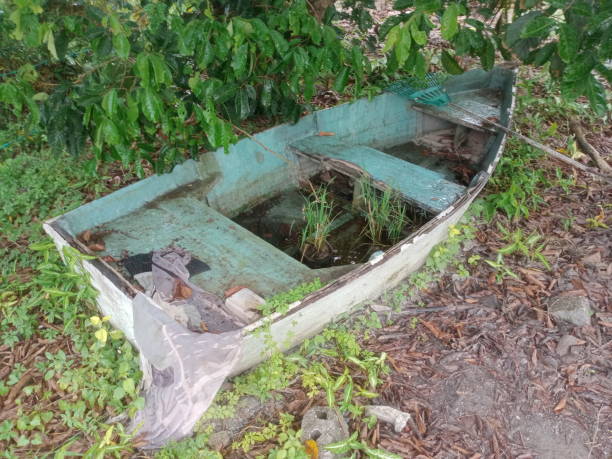 istock Abandoned blue boat in a village close-up 1539085787