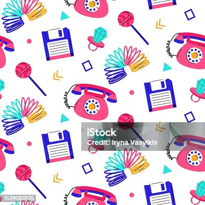 istock Colorful trendy seamless pattern with 80s-90s elements on white background. 1539085925