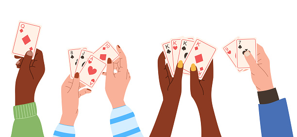 Vector cartoon set of isolated flat illustrations of people hands holding playing cards.