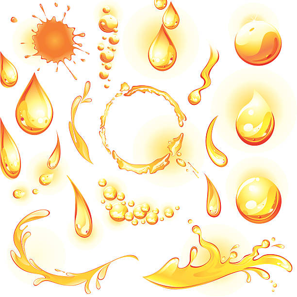 illustrazioni stock, clip art, cartoni animati e icone di tendenza di set di arancia gocce d'acqua e spruzzi. - cooking oil drop honey beer