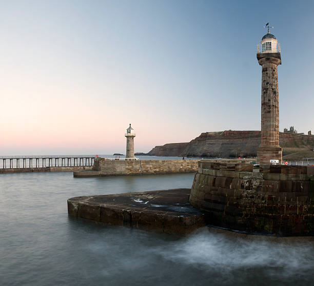 Lighthouses on Whitby Harbour stock photo