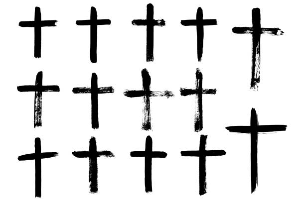 векторный нарисованный от руки перекрестный гранж-мазок. черная краска, спрей, брызги. - religious symbol cross shape cross abstract stock illustrations