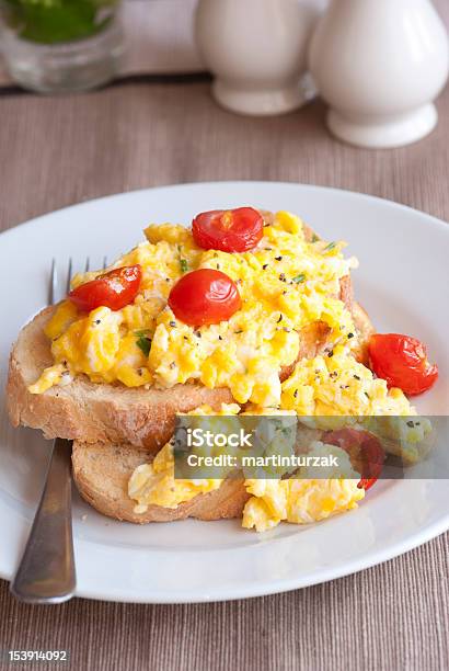 Scrambled Egg On Toast Stock Photo - Download Image Now - Bread, Breakfast, Cherry Tomato