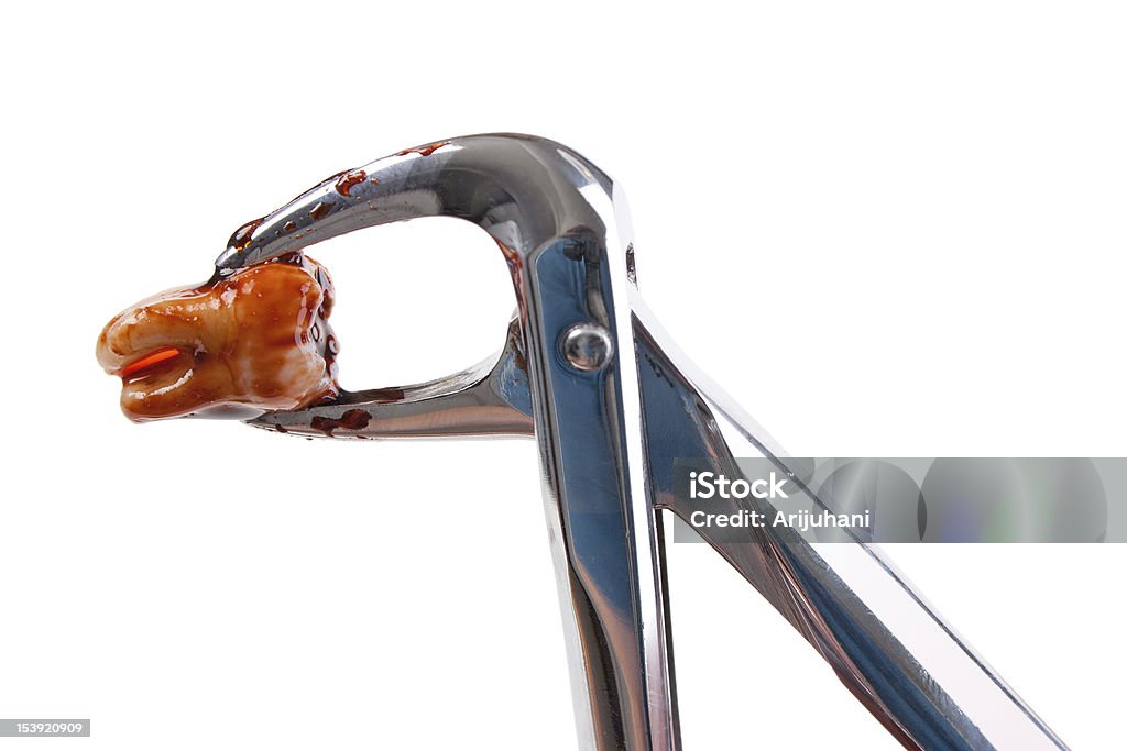 Forceps and tooth closeup Wisdom tooth and dentist extraction forceps closeup, isolated on white Dental Equipment Stock Photo