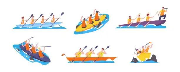 Vector illustration of Rowing teamwork. People group with paddle on boat canoe in speed river competing race, water sport team together at kayak rower athletes boating crew, splendid vector illustration