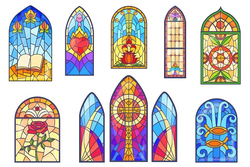 Church stained glass. Stain glasses window of gothic temple or europe cathedral, arc mosaic painted windows with cross roses heart religious architecture, neat vector illustration