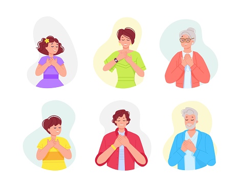 Grateful characters. Cartoon sincere people with thank gesture of hands on chest, thankful young and old man or woman, smile kind kid gratitude vector illustration of character grateful and gratitude