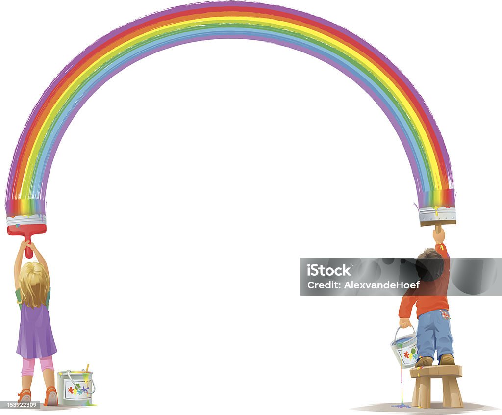 Due ragazzi dipingere un arcobaleno - arte vettoriale royalty-free di Arcobaleno