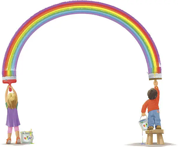 Vector illustration of Two Kids Painting a Rainbow