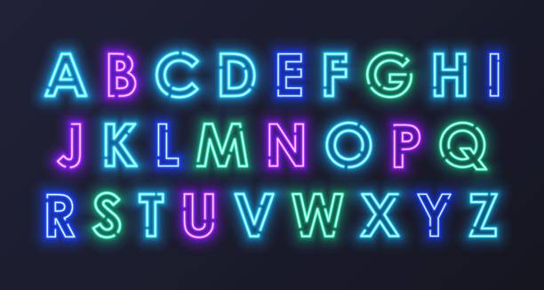 istock Set of blue, green, purple, pink neon illuminated letters, alphabet, abc. Vector illustration on dark background. 1539234536