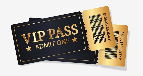 Gold tickets VIP pass, admit one for concert, party, cinema, theatre with golden text, letters and barcode. Vector illustration on white background for advertising, promotion, banner, poster.