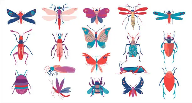 Vector illustration of Big set of cute colorful insects. Butterfly, dragonfly, bee, grasshopper cartoon vector Illustration