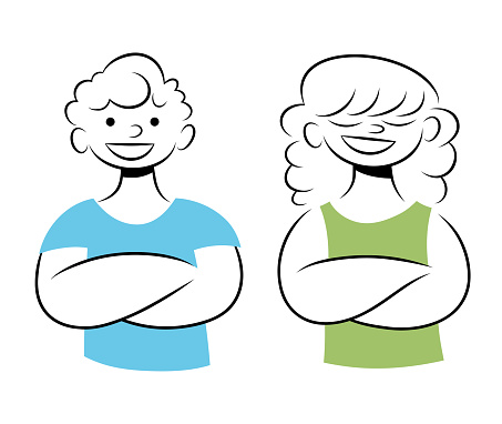Vector illustration of a young adult man and a young adult woman with their arms crossed. Cut out design elements on a transparent background on the vector file.