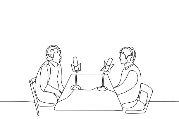 Vector illustration of two men are sitting opposite each other wearing over-ear headphones in front of professional microphones - one line drawing. concept of podcast recording, radio interviews, online streaming