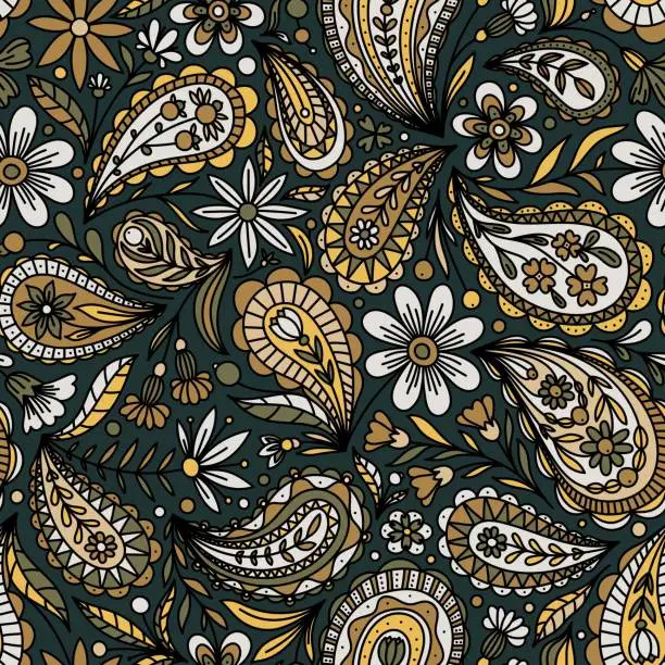 Vector illustration of DARK EMERALD VECTOR SEAMLESS BACKGROUND WITH MULTICOLORED FLORAL PAISLEY ORNAMENT