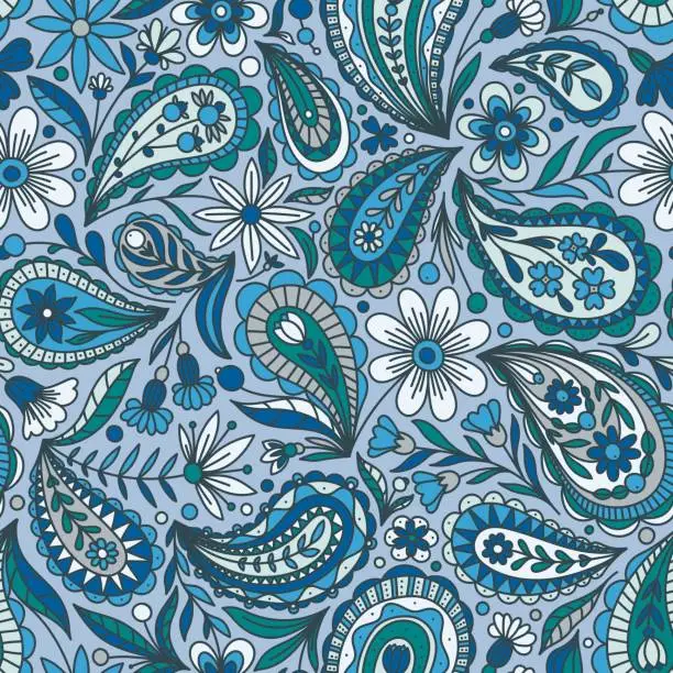 Vector illustration of LIGHT BLUE VECTOR SEAMLESS BACKGROUND WITH MULTICOLORED FLORAL PAISLEY ORNAMENT