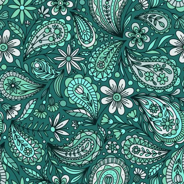 Vector illustration of MINT TURQUOISE VECTOR SEAMLESS BACKGROUND WITH MULTICOLORED FLORAL PAISLEY ORNAMENT