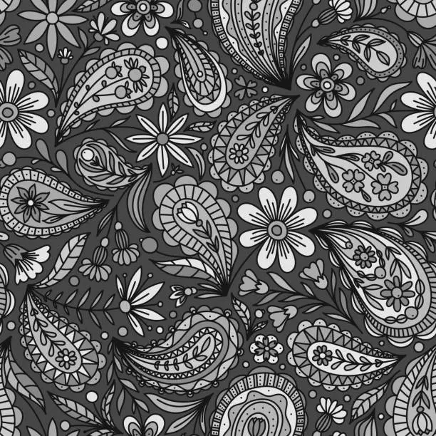 Vector illustration of DARK GREY VECTOR SEAMLESS BACKGROUND WITH GREY FLORAL PAISLEY ORNAMENT