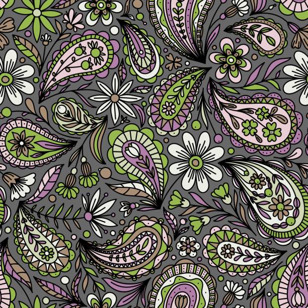 여러 가지 빛깔의 꽃무늬 페이즐리 장식이 있는 회색 벡터 매끄러운 배경 - paisley pattern seamless green stock illustrations