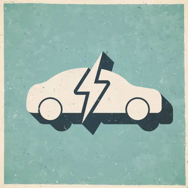 Vector illustration of Electric car in charge. Icon in retro vintage style - Old textured paper