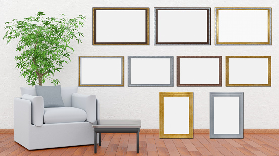 Frames, empty paintings on display on white wall. Nine frames with empty space for inserting text or images. Set in the living room. Frames in wood, silver and gold. 3D illustration
