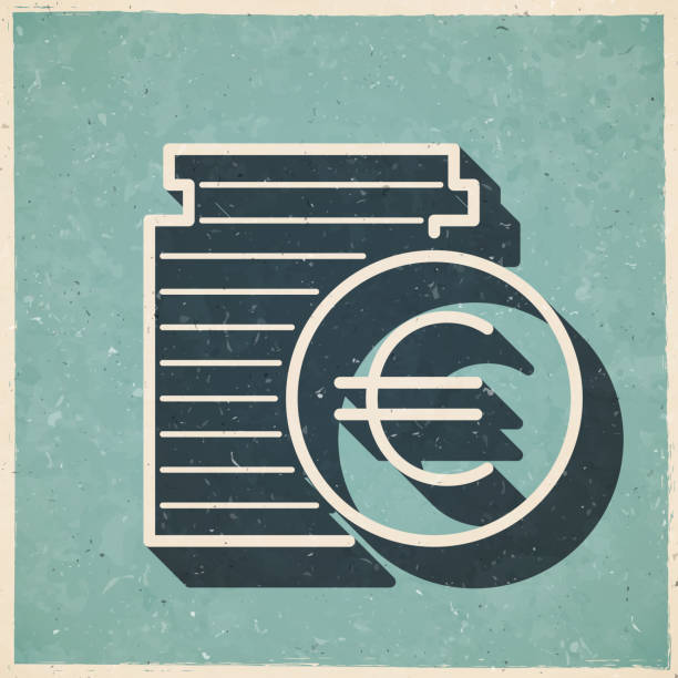 Euro coins stack. Icon in retro vintage style - Old textured paper Icon of "Euro coins stack" in a trendy vintage style. Beautiful retro illustration with old textured paper and a black long shadow (colors used: blue, green, beige and black). Vector Illustration (EPS file, well layered and grouped). Easy to edit, manipulate, resize or colorize. Vector and Jpeg file of different sizes. background of a euro coins stock illustrations
