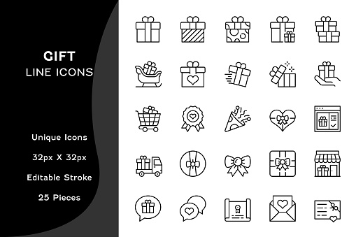 25 Editable Stroke Vector Line Icons for Gift Boxes